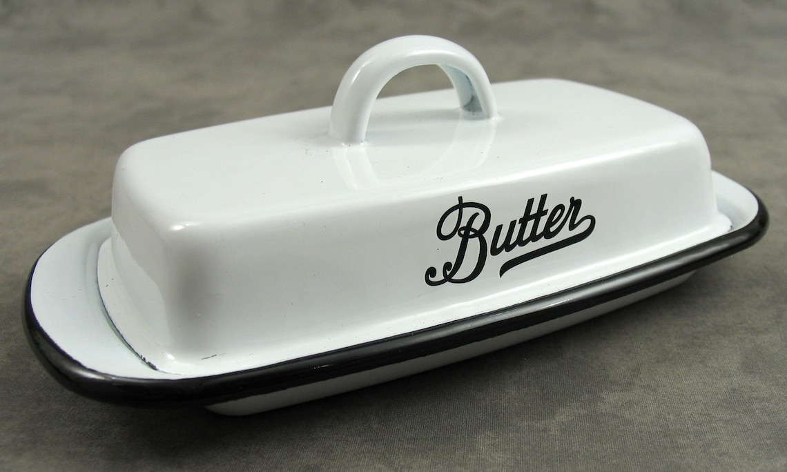 WHITE Enamelware Farmhouse BUTTER DISH Black Script Lettering Etsy