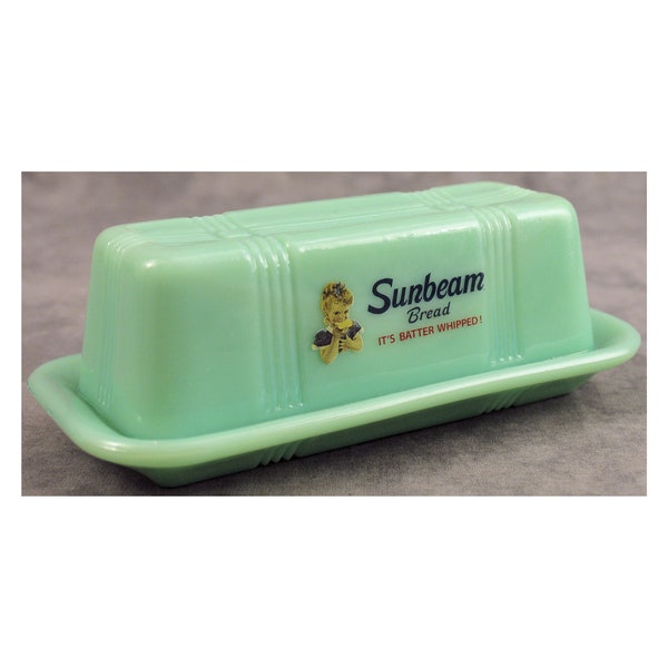 Jadeite GREEN Glass SUNBEAM Bread Lidded BUTTER Dish for 1/4 lb Stick Depression Style