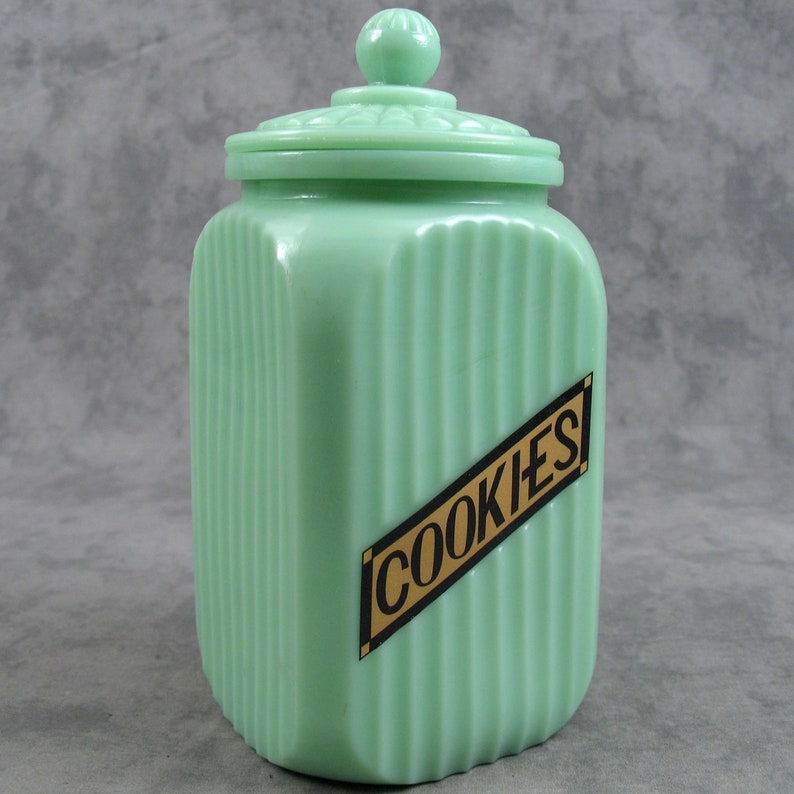 Jadeite GREEN Glass Tall COOKIE CANISTER Lidded Jar Gold Label Etsy