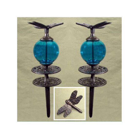 2 Dragonfly & BLUE Glass Globe HOSE GUIDE Cast Iron Garden Etsy