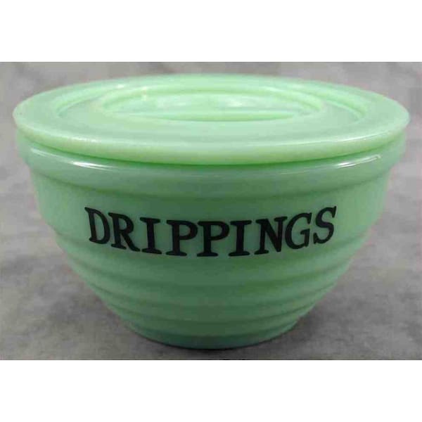 Jadeite GREEN Glass Grease DRIPPINGS BOWL Ribbed Beehive Lidded Container Depression Style