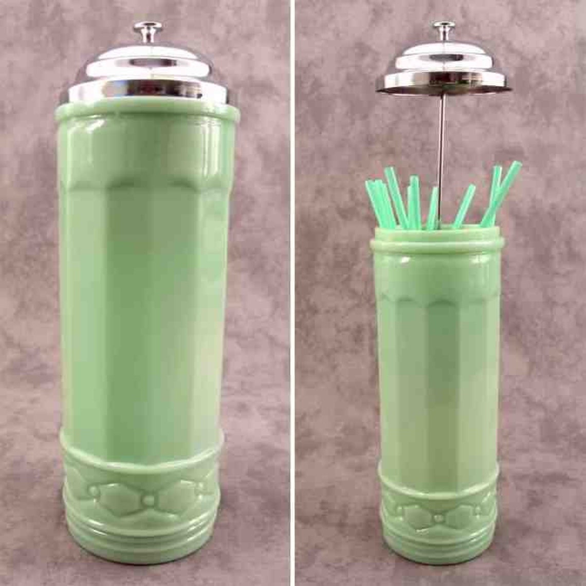 Jadeite GREEN Glass No Touch STRAW HOLDER Dispenser Chrome Etsy