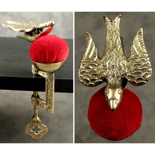 Solid BRASS SEWING BIRD Hemming Clamp with Velvet Pin Cushion ~ Victorian Design~ Sewing Third Hand
