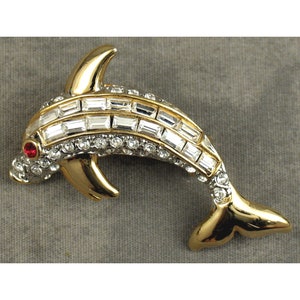 Vintage DOLPHIN BROOCH Goldtone Rhinestone PIN