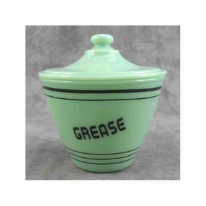 Jadeite GREEN Glass GREASE Drippings BOWL Black Band Lidded Container Depression Style