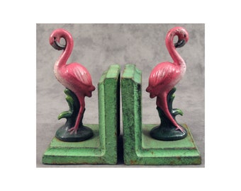 Pair of Tropical PINK FLAMINGO Cast Iron BOOKENDS