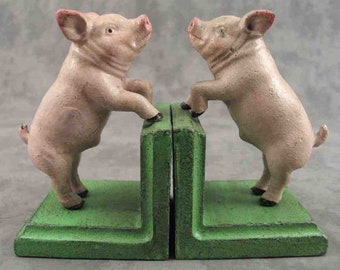 Pair of Country PINK PIG Cast Iron BOOKENDS