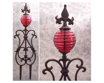 Fleur-de-lis & RED Glass GLOBE Cast Iron Garden STAKE Yard Art Garden Decor