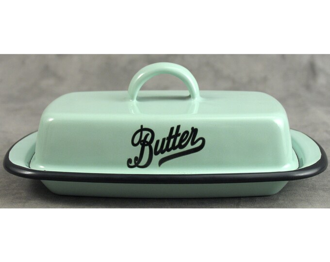 Seafoam GREEN Enamelware BUTTER DISH Holds 1/2 Lb. Stick Butter