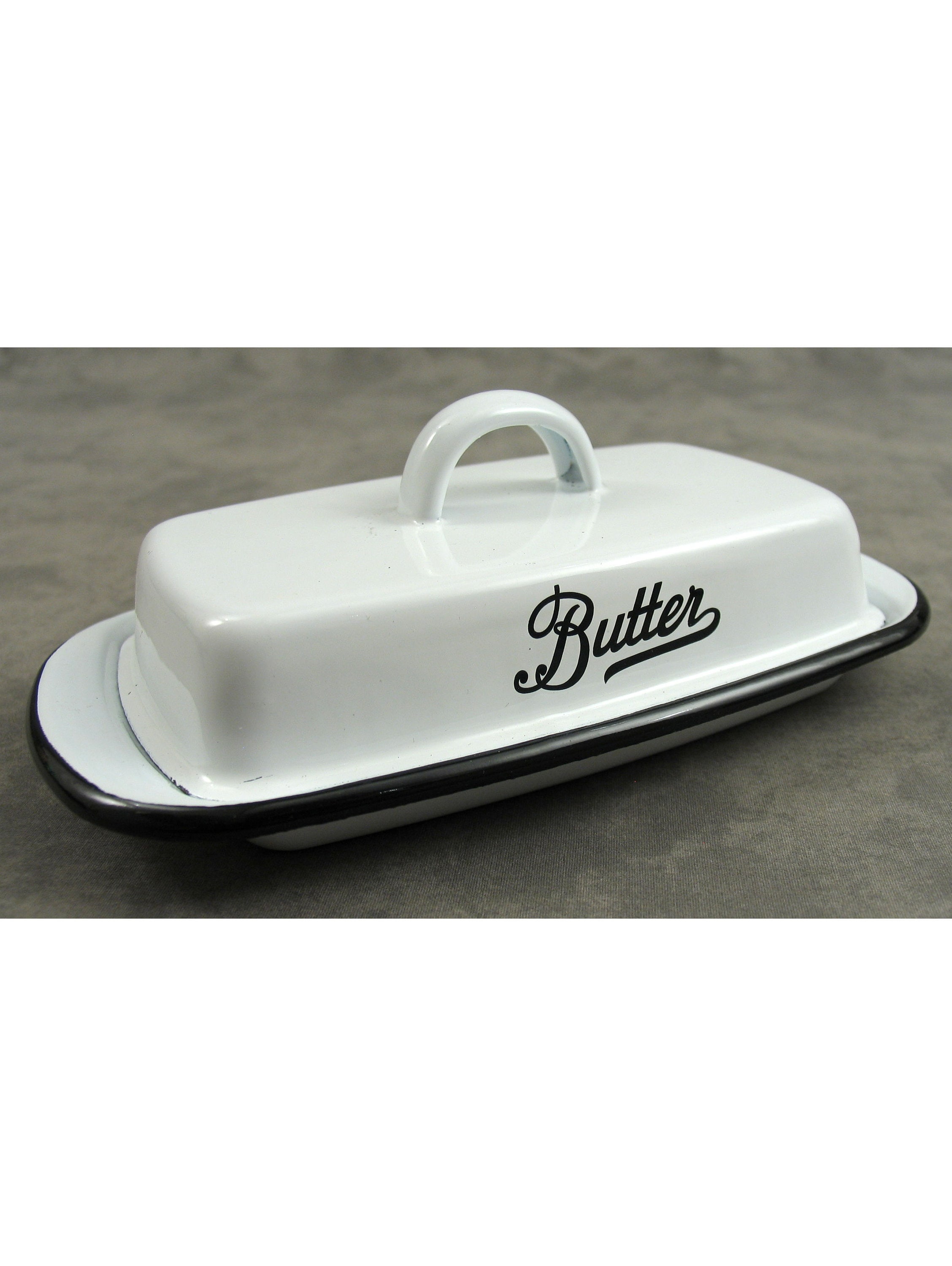 WHITE Enamelware Farmhouse BUTTER DISH Black Script Lettering Holds 1/2 lb  Stick Butter
