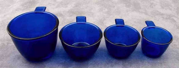 Cobalt BLUE Glass 4 Pc. MEASURING CUP Set 1/4, 1/3, 1/2, 1 Cup Depression  Style Glass 