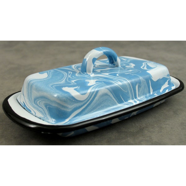 Carolina BLUE Enamelware BUTTER Dish Splatterware Enamel 1/2 Pound Stick Butter Dish