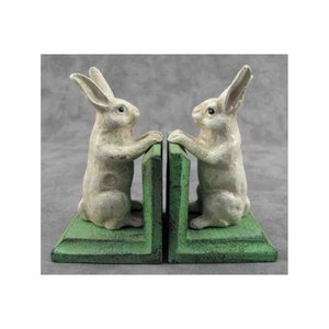 Pair of WHITE RABBIT Cast Iron Heavy BOOKENDS Bunny Rabbit