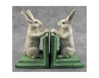 Pair of WHITE RABBIT Cast Iron Heavy BOOKENDS Bunny Rabbit