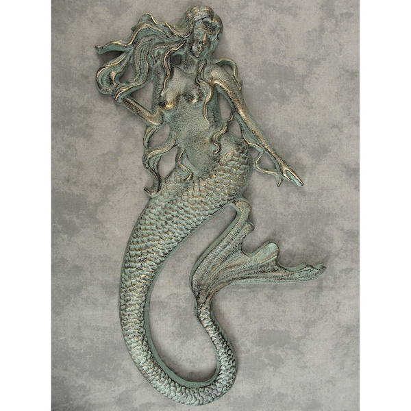 MERMAID Cast Iron Nautical WALL SCULPTURE 17.5" Tall Antique Gold over Seafoam