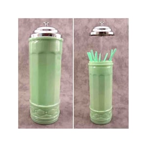 Jadeite GREEN Glass No Touch STRAW HOLDER Dispenser Chrome Metal Lid Depression Style Glass