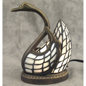 White Stained GLASS SWAN Bird LAMP Art Nouveau Style