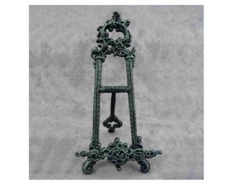 PICTURE EASEL Cast Iron STAND Victorian Art Nouveau Style Scroll Verdigris Green