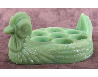 Jadeite GREEN Glass HEN Chicken 7-Cup Deviled EGG Holder Dish Depression Glass Style Farmhouse