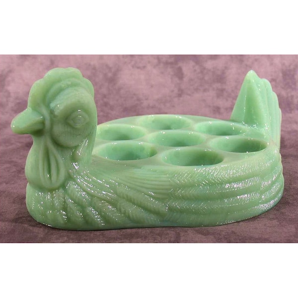 Jadeite GREEN Glass HEN Chicken 7-Cup Deviled EGG Holder Dish Depression Glass Style Farmhouse