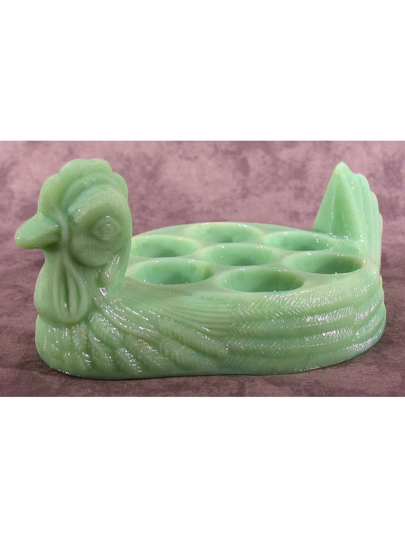 Jadeite GREEN Glass HEN Chicken 7-Cup Deviled EGG Holder Depression Glass Style Farmhouse