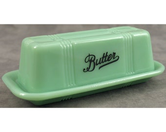 Jadeite GREEN Glass Lidded BUTTER DISH for 1/4 lb Stick Depression Style Glass