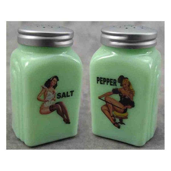 Jadeite GREEN Glass Sexy Pin Up Girl SALT & PEPPER Shaker Set 1950's Design Depression Style Glass