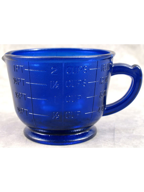 Cobalt BLUE Glass 2-cup MEASURING Mixing CUP Ounce Cup Pint Measurements  Depression Style Glass 