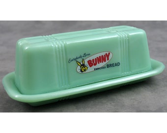 Jadeite GREEN Glass BUNNY Bread Lidded BUTTER Dish for 1/4 lb Stick Depression Style Official Licensed