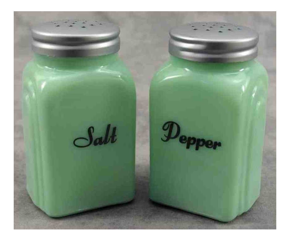 Jadeite GREEN Glass SALT & PEPPER Shaker Set Depression Style