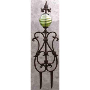 Fleur-de-lis & GREEN Glass GLOBE Cast Iron Garden STAKE Yard Art Garden Decor