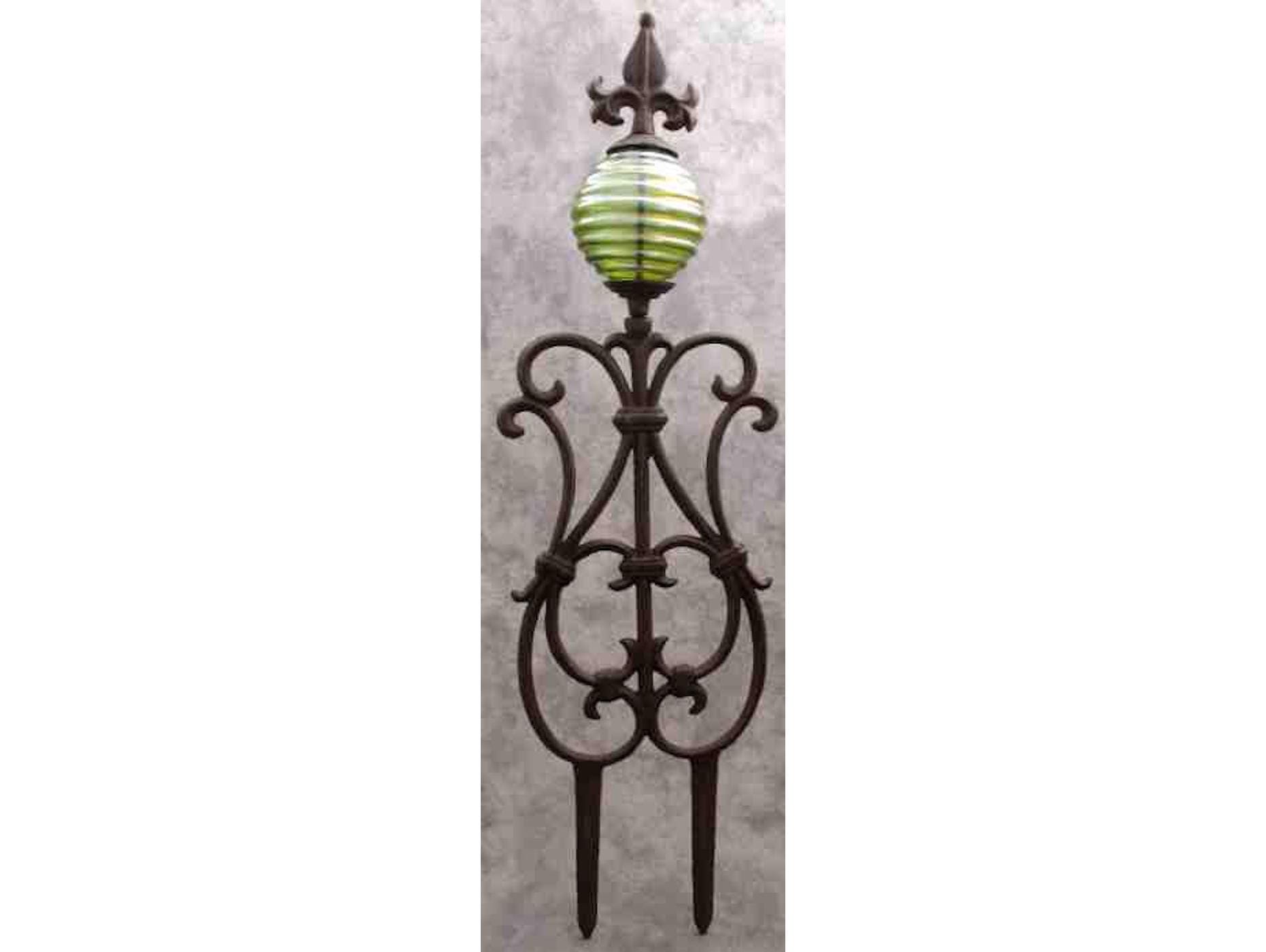 Fleur-de-lis & GREEN Glass GLOBE Cast Iron Garden STAKE Yard Art Garden Decor