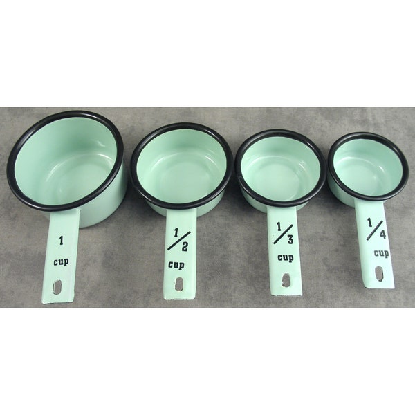 Seafoam GREEN Enamelware 4 Pc. MEASURING CUP Set 1/4, 1/3, 1/2, 1 Cup Farmhouse Retro Modern Decor