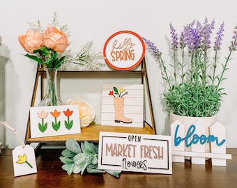 Spring Tiered Tray Decor: Rustic Mini Wood Signs