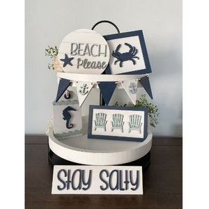 Beach Tiered Tray Decor | Mini 3D Wood Signs | Coastal Farmhouse Summer Shelf Sitters | Nautical Mantle & Coffee Bar Decorations