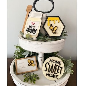 Honey Bee Tiered Tray Decor | Tiered Tray Bundle | Mini Wood Signs |  Farmhouse Home Decor | Bee themed decor | Tier Tray Decor