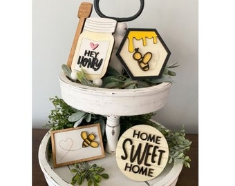 Honey Bee Tiered Tray Decor: Farmhouse Mini Wood Signs Bundle