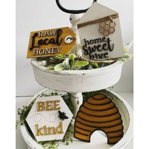 Bee Tiered Tray Decor | Tiered Tray Bundle | Mini Wood Signs |  Farmhouse Home Decor | Bee themed decor | Tier Tray Decor