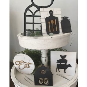 Farmhouse Kitchen Tiered Tray Decor | Tiered Tray Mini Signs | Mini Wood Signs | Cow Pig Chicken Decor | Kitchen Decor