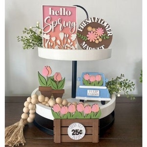 Spring Tiered Tray Decor | Flower Tiered Tray Mini Signs | Mini Wood Signs | Table Decor | Wood Riser | Farmhouse Decor | Holiday Decor