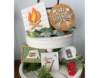 Camping Tiered Tray Decor | Tiered Tray Mini Signs | Mini Wood Signs | Table Decor | Wood Riser | Farmhouse Decor | Camping Decor | Rustic