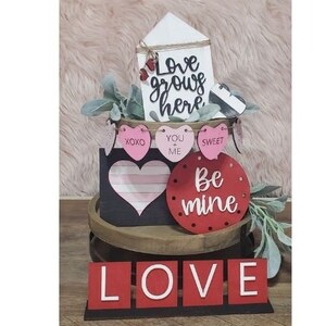Valentines Day Tiered Tray Decor | Tiered Tray Mini Signs | Mini Wood Signs | Table Decor | Wood Riser | Two Tiered Tray Decor | Tiered Tray