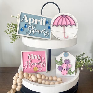 April Showers Bring May Flowers Tiered Tray Decor | Flower Tiered Tray Mini Signs | Mini Wood Signs | Table Decor | Wood Riser