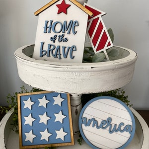 4th of July Tiered Tray Decor | Tiered Tray Bundle | Mini Wood Signs | Patriotic Farmhouse Decor | Holiday Home Decor |  Tier Tray signs