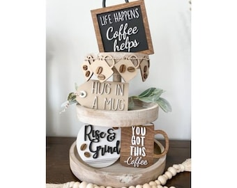 Coffee Bar Tiered Tray Decor: Farmhouse Mini Wood Signs Bundle