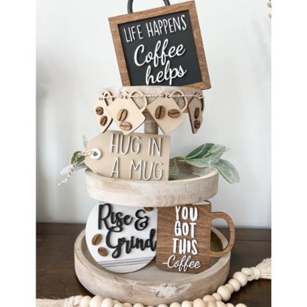 Coffee Bar Tiered Tray Decor | Tiered Tray Mini Signs | Coffee Bar | Kitchen Decor | Wood Riser | Farmhouse Decor | Tiered Tray Bundle