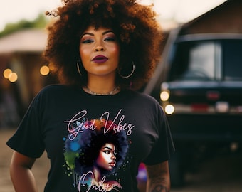 Good Vibes Afro Woman T-Shirt Design | Watercolor Afro Art (Digital Download)