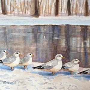 Seagulls in Snow by the Bronx River - Original Watercolor (20”x16” matted/14”x11” unmatted)