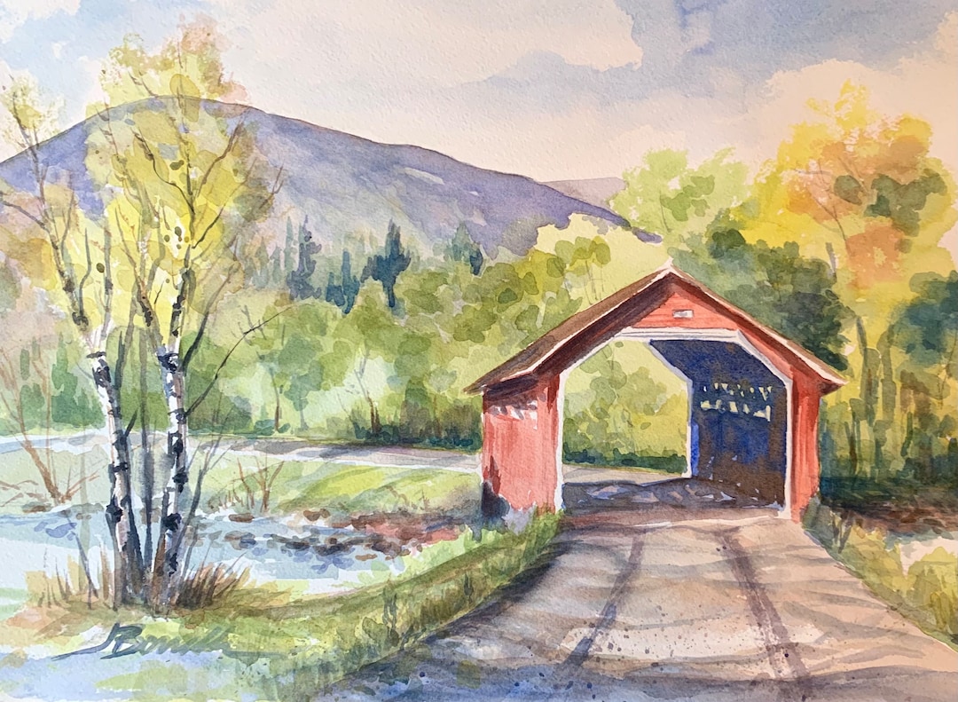 Vermont Covered Bridge on a Spring Day (matted 20”x16”/unmatted 14”x11 ...