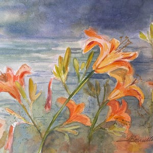 Orange Daylilies by a River (20”x16” matted/14”x11” Unmatted)